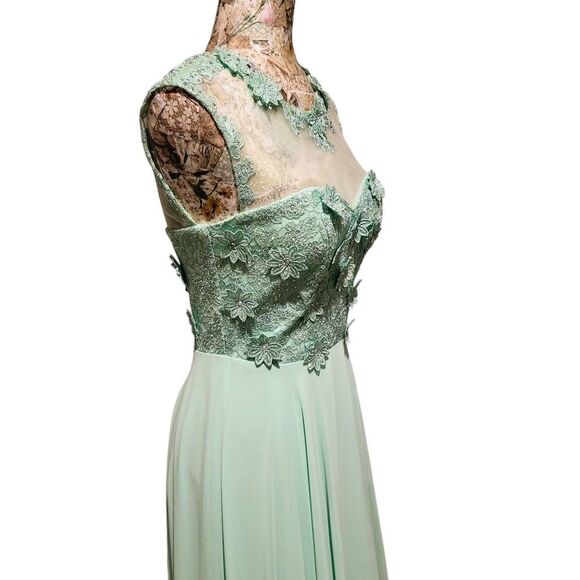 Formal Lt Green Rhinestones Floral Lace Sweetheart Bodice Long Gown Maxi Dress - Picture 7 of 15